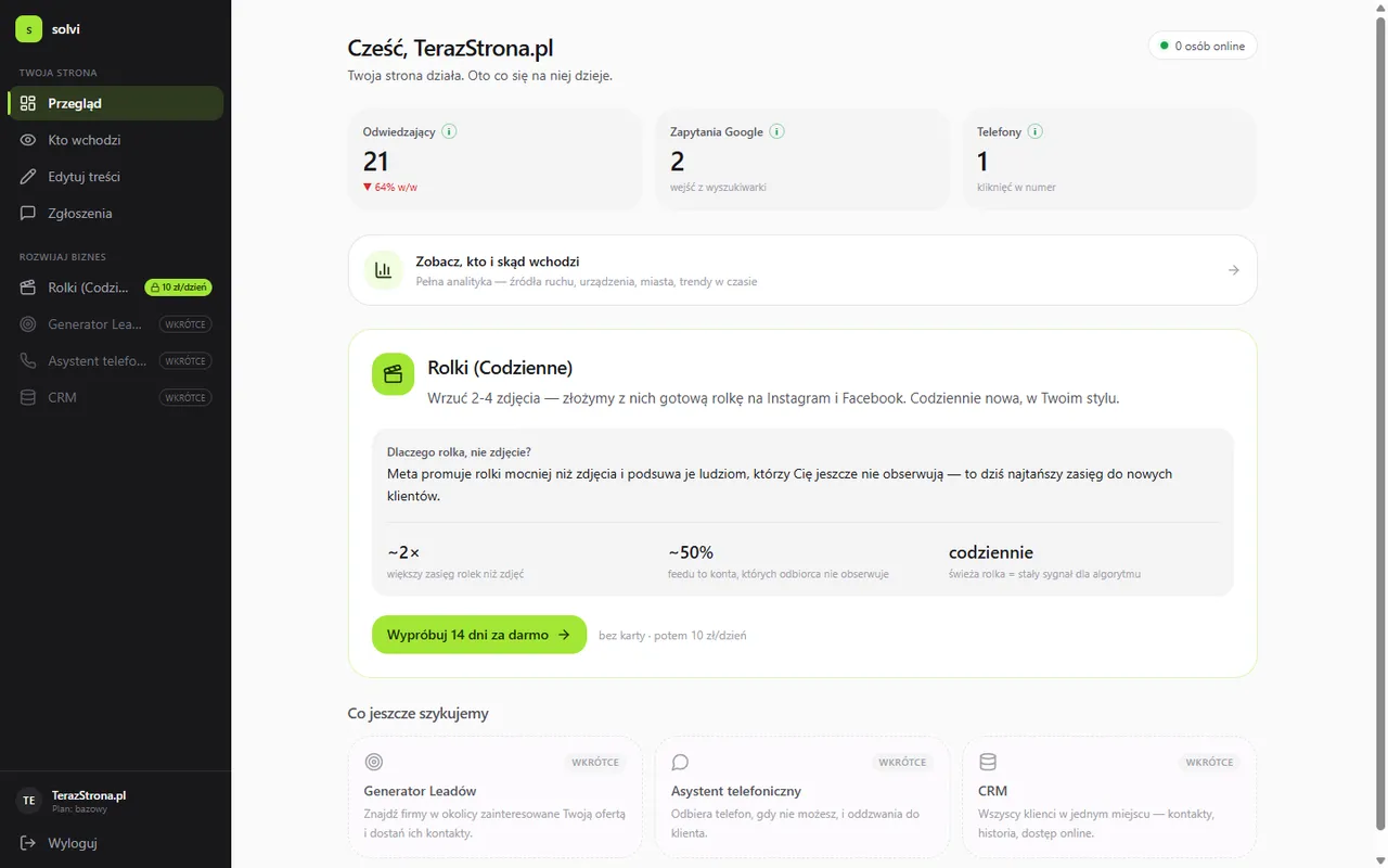 my.solvi.online panel — overview with a client site's metrics