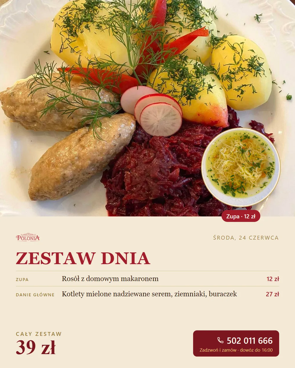 'Lunch of the Day' graphic generated in the solvi tool for Restauracja Polonia